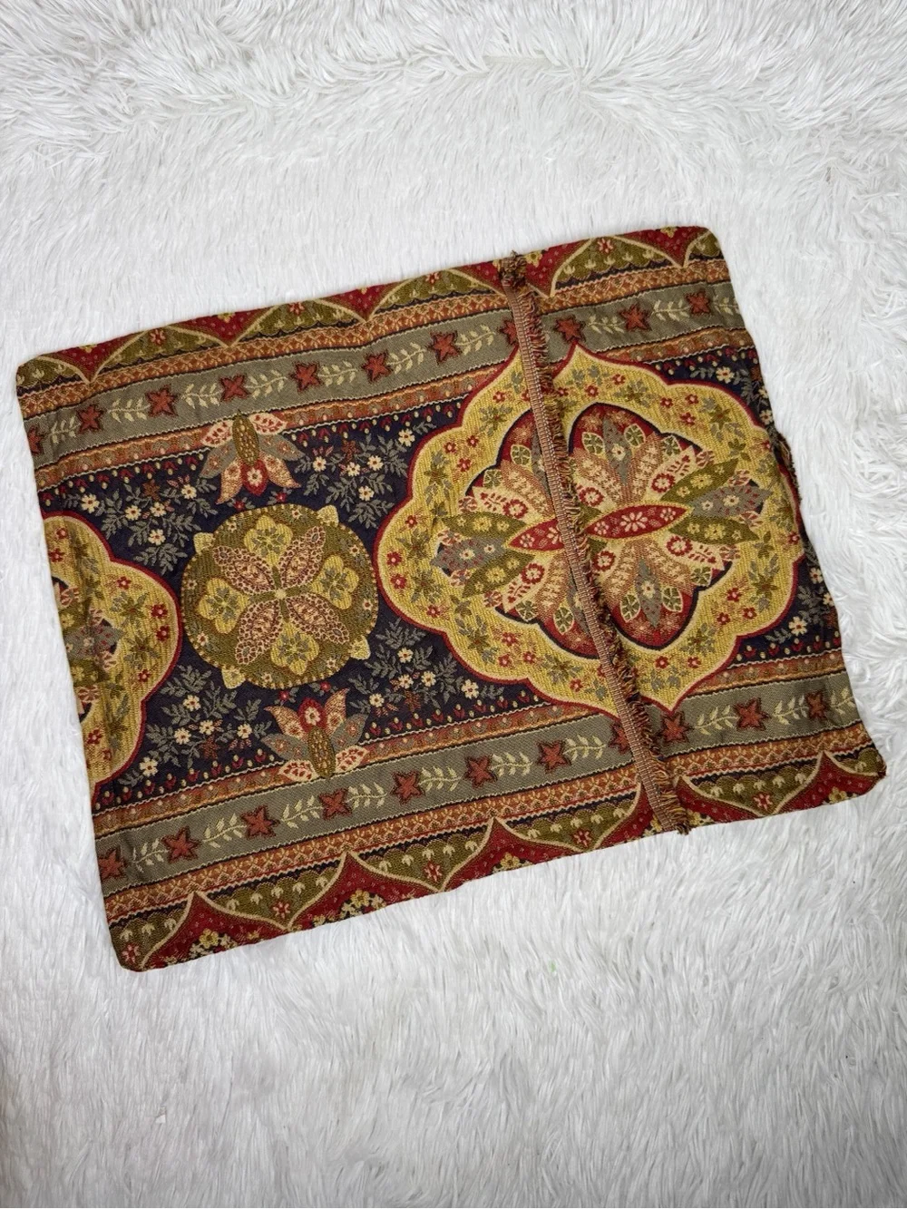 Vintage tan red boho cottagecore printed tapestry brocade handmade pillow cover